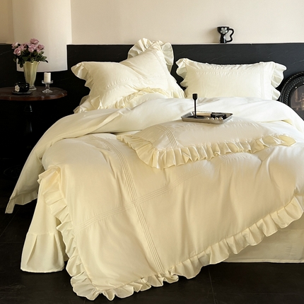 91家纺网 家纺一手货源 找家纺 豪美鑫 2025新款柔肤棉刺绣公主风琳卡系列四件套 琳卡-米黄