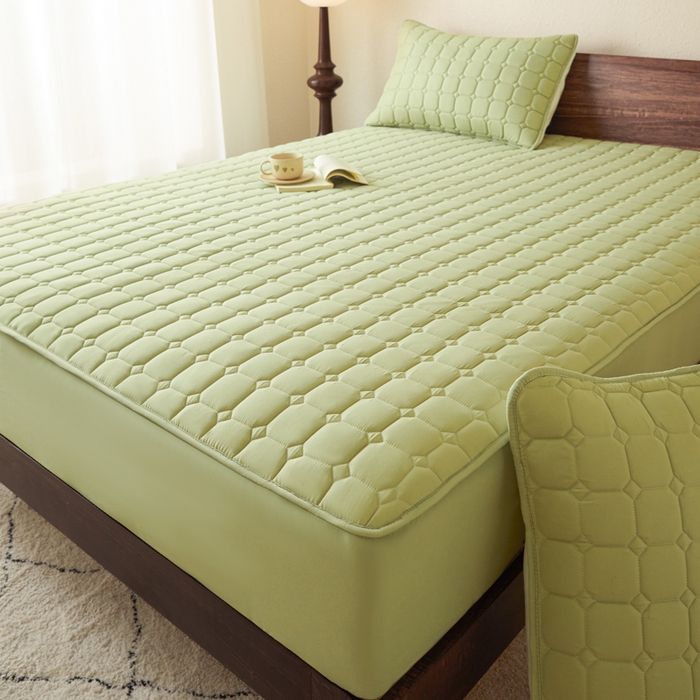 91家纺网 家纺一手货源 找家纺 鑫钰2025新款防水加厚夹棉原棉床笠防滑隔脏床垫套保护罩 简格-抹茶绿