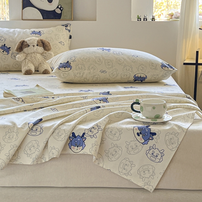 91家纺网 家纺一手货源 找家纺 鑫钰 2025新款纯棉老粗布单床单-卡通系列 势幻龙-蓝