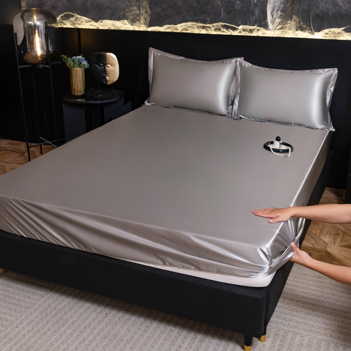 91家纺网 家纺一手货源 找家纺 梦舒羽2025新款防水冰丝纯色床笠凉爽柔顺床垫保护罩 防水冰丝床笠-典雅灰
