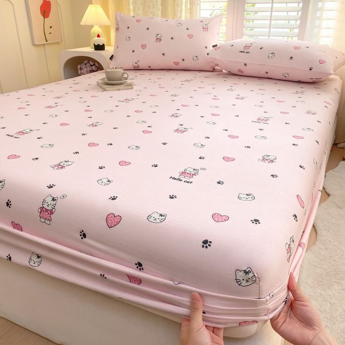 91家纺网 家纺一手货源 找家纺 鑫钰 2025新款全棉有氧双层纱床笠 心动猫