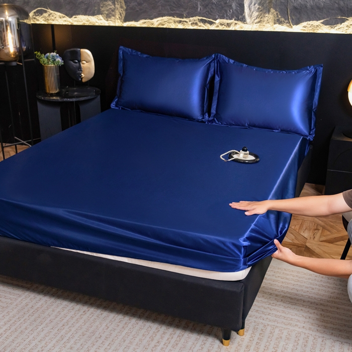 91家纺网 家纺一手货源 找家纺 梦舒羽2025新款防水冰丝纯色床笠凉爽柔顺床垫保护罩 防水冰丝床笠-深海蓝