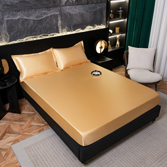 91家纺网 家纺一手货源 找家纺 梦舒羽2025新款防水冰丝纯色床笠凉爽柔顺床垫保护罩 防水冰丝床笠-金驼色