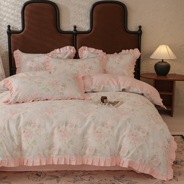 91家纺网 家纺一手货源 找家纺 简宜2025新款荷叶双层纯棉边四件套 梦幻花瓣-荷叶边