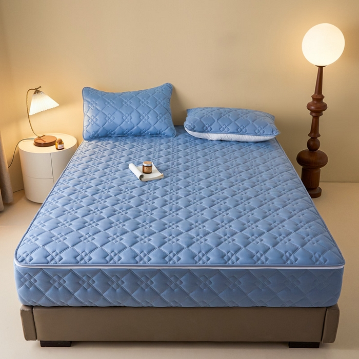 91家纺网 家纺一手货源 找家纺 鑫钰2025新款纯棉全棉六面全包床笠 四方格-全包床笠-湖蓝