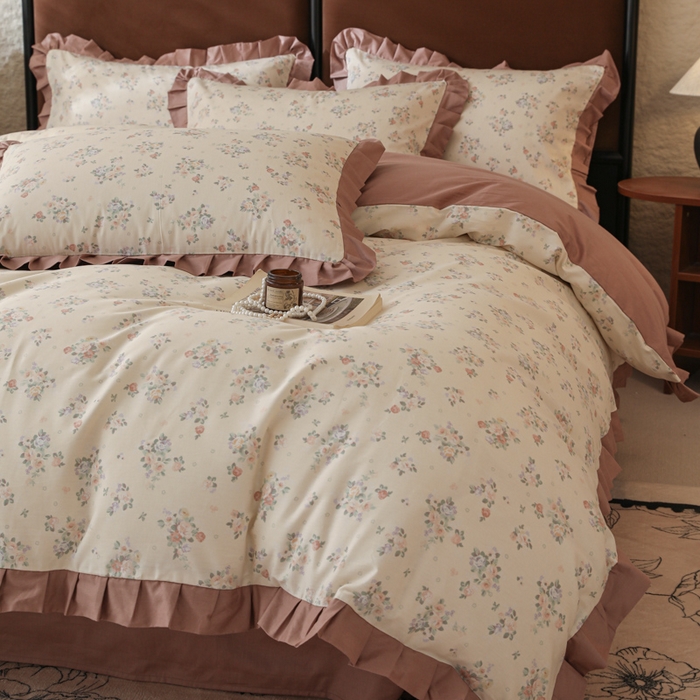 91家纺网 家纺一手货源 找家纺 简宜2025新款荷叶双层纯棉边四件套 晨光玫瑰-荷叶边