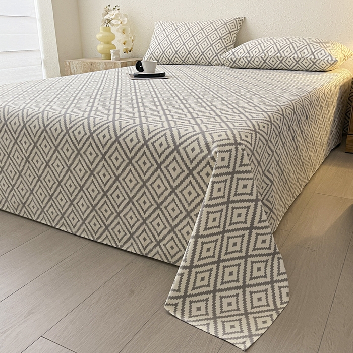 91家纺网 家纺一手货源 找家纺 鑫钰 2025新款老粗布床单床笠系列-格纹系列 菱格灰