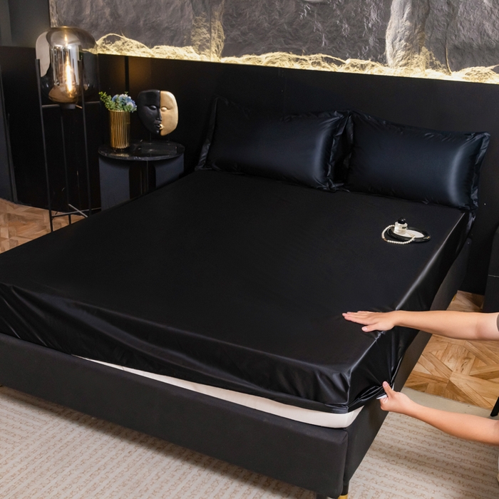 91家纺网 家纺一手货源 找家纺 梦舒羽2025新款防水冰丝纯色床笠凉爽柔顺床垫保护罩 防水款-尊贵黑