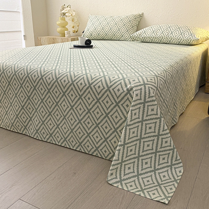 91家纺网 家纺一手货源 找家纺 鑫钰 2025新款老粗布床单床笠系列-格纹系列 菱格绿