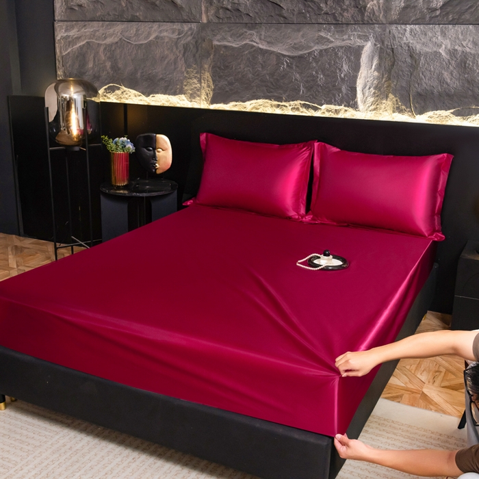91家纺网 家纺一手货源 找家纺 梦舒羽2025新款防水冰丝纯色床笠凉爽柔顺床垫保护罩 防水冰丝床笠-酒红色