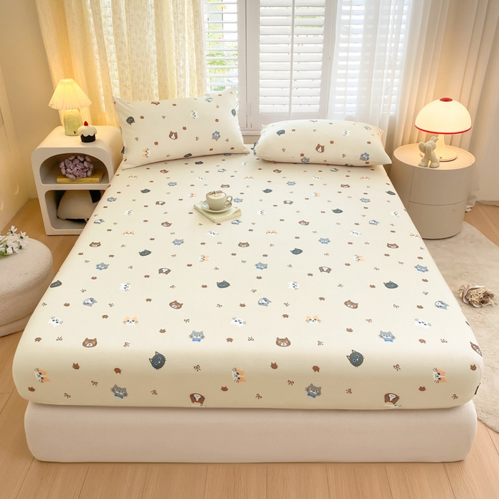 91家纺网 家纺一手货源 找家纺 鑫钰 2025新款全棉有氧双层纱床笠 猫偶