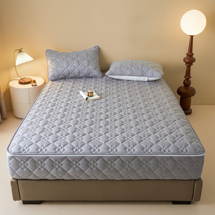 91家纺网 家纺一手货源 找家纺 鑫钰2025新款纯棉全棉六面全包床笠 四方格-全包床笠-灰色