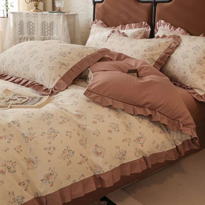 91家纺网 家纺一手货源 找家纺 简宜2025新款荷叶双层纯棉边四件套 晨光玫瑰-荷叶边