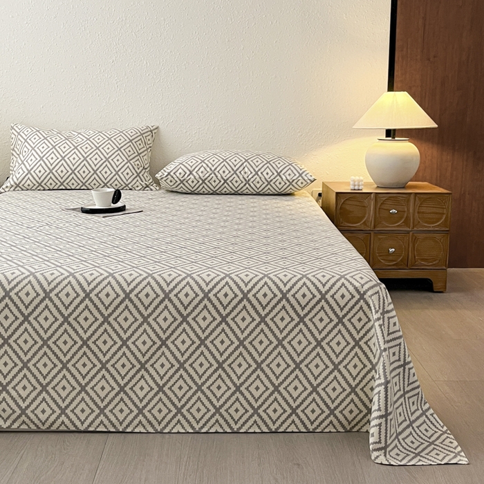 91家纺网 家纺一手货源 找家纺 鑫钰 2025新款老粗布床单床笠系列-格纹系列 菱格灰