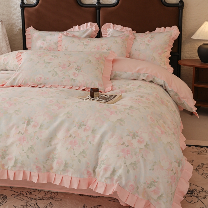 91家纺网 家纺一手货源 找家纺 简宜2025新款荷叶双层纯棉边四件套 梦幻花瓣-荷叶边