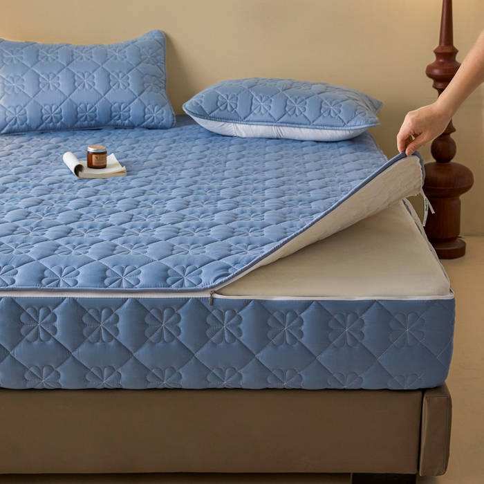 91家纺网 家纺一手货源 找家纺 鑫钰2025新款纯棉全棉六面全包床笠 桃花-全包床笠-湖蓝