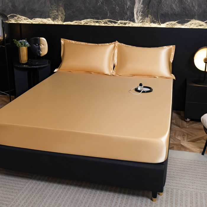 91家纺网 家纺一手货源 找家纺 梦舒羽2025新款防水冰丝纯色床笠凉爽柔顺床垫保护罩 防水冰丝床笠-金驼色