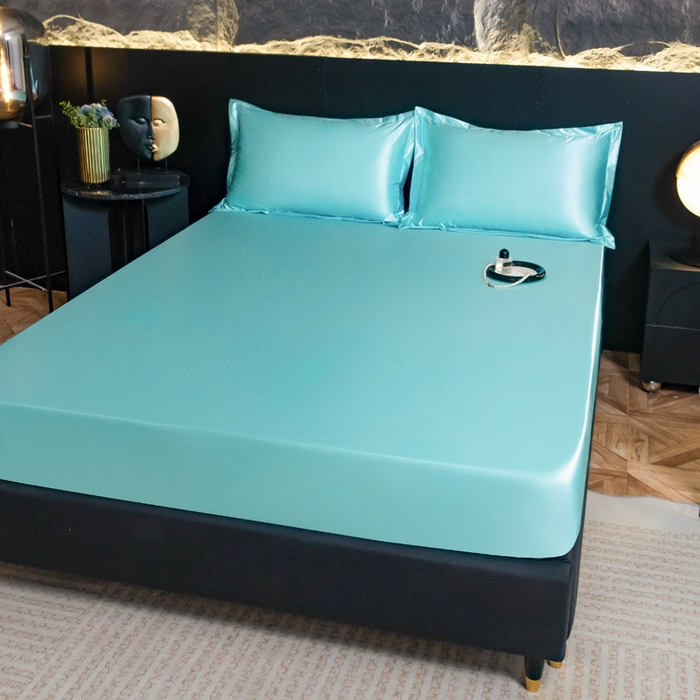 91家纺网 家纺一手货源 找家纺 梦舒羽2025新款防水冰丝纯色床笠凉爽柔顺床垫保护罩 防水冰丝床笠-水蓝色