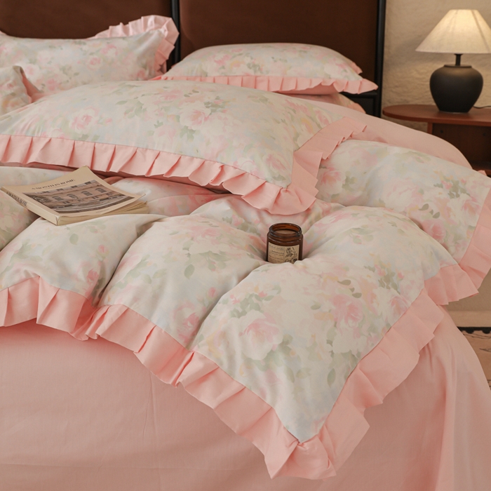 91家纺网 家纺一手货源 找家纺 简宜2025新款荷叶双层纯棉边四件套 梦幻花瓣-荷叶边