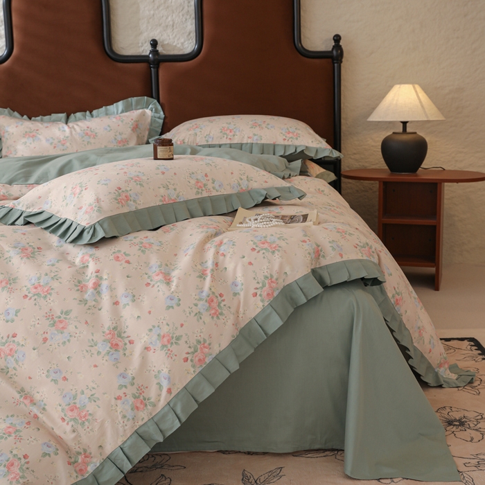 91家纺网 家纺一手货源 找家纺 简宜2025新款荷叶双层纯棉边四件套 春日花语-荷叶边