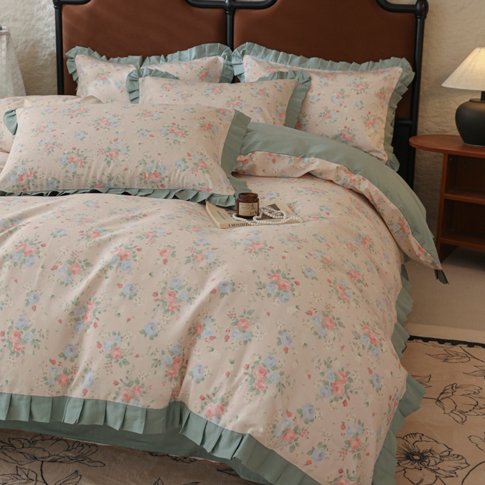 91家纺网 家纺一手货源 找家纺 简宜2025新款荷叶双层纯棉边四件套 春日花语-荷叶边