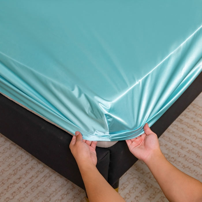 91家纺网 家纺一手货源 找家纺 梦舒羽2025新款防水冰丝纯色床笠凉爽柔顺床垫保护罩 防水冰丝床笠-水蓝色