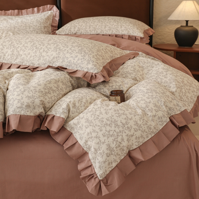 91家纺网 家纺一手货源 找家纺 简宜2025新款荷叶双层纯棉边四件套 素雅芳菲-荷叶边