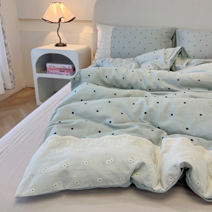 91家纺网 家纺一手货源 找家纺 盼季家纺 2025新款A类法式小清新皱皱纱花边水洗棉床上四件套宿舍床笠三件套 法式花边-海盐蓝蓝