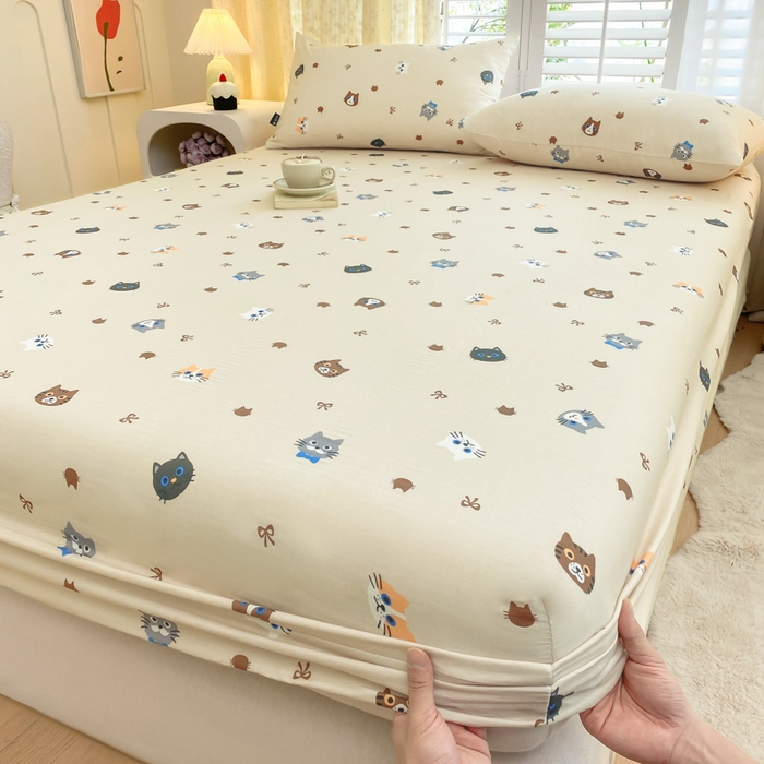 91家纺网 家纺一手货源 找家纺 鑫钰 2025新款全棉有氧双层纱床笠 猫偶