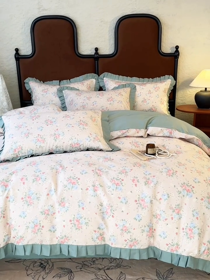 91家纺网 家纺一手货源 找家纺 简宜2025新款荷叶双层纯棉边四件套 春日花语-荷叶边