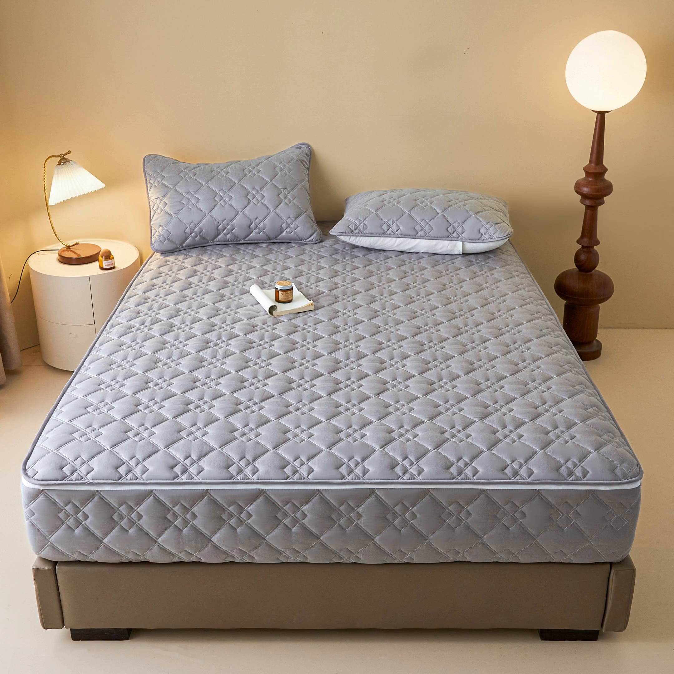 91家纺网 家纺一手货源 找家纺 鑫钰2025新款纯棉全棉六面全包床笠 四方格-全包床笠-灰色