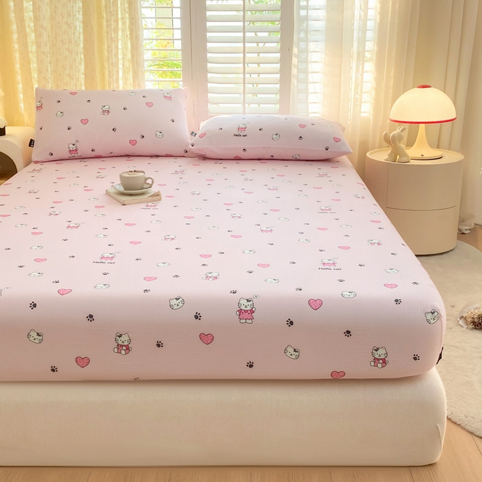 91家纺网 家纺一手货源 找家纺 鑫钰 2025新款全棉有氧双层纱床笠 心动猫