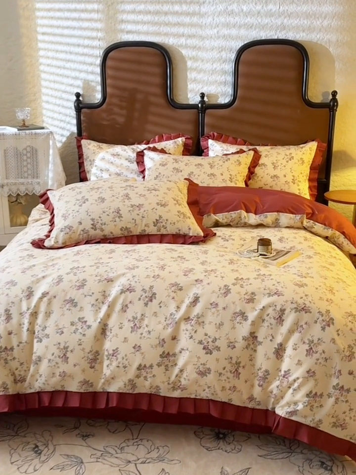 91家纺网 家纺一手货源 找家纺 简宜2025新款荷叶双层纯棉边四件套 菲红花园-荷叶边