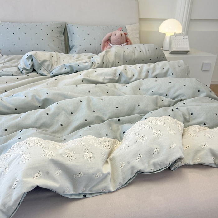 91家纺网 家纺一手货源 找家纺 盼季家纺 2025新款A类法式小清新皱皱纱花边水洗棉床上四件套宿舍床笠三件套 法式花边-海盐蓝蓝