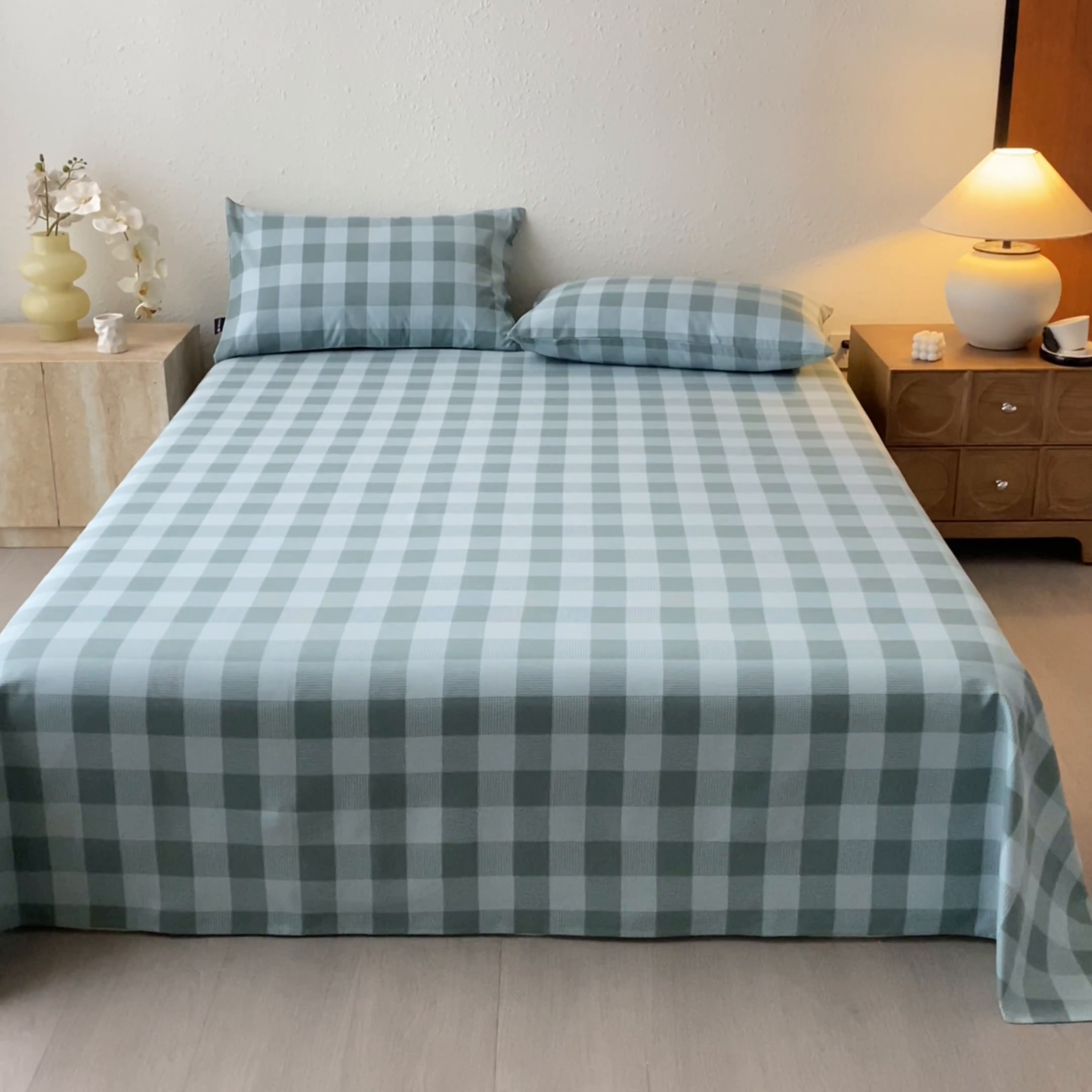 91家纺网 家纺一手货源 找家纺 鑫钰 2025新款老粗布床单床笠系列-格纹系列 青缇格