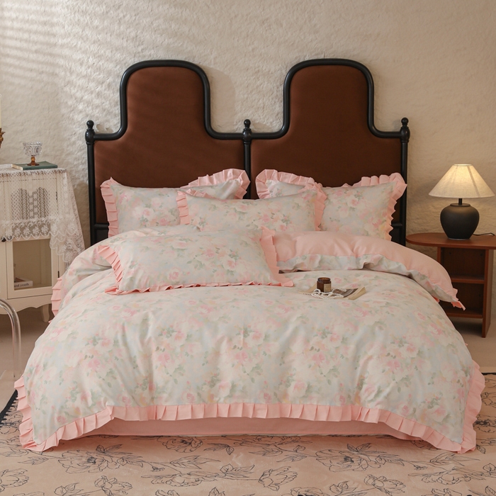 91家纺网 家纺一手货源 找家纺 简宜2025新款荷叶双层纯棉边四件套 梦幻花瓣-荷叶边