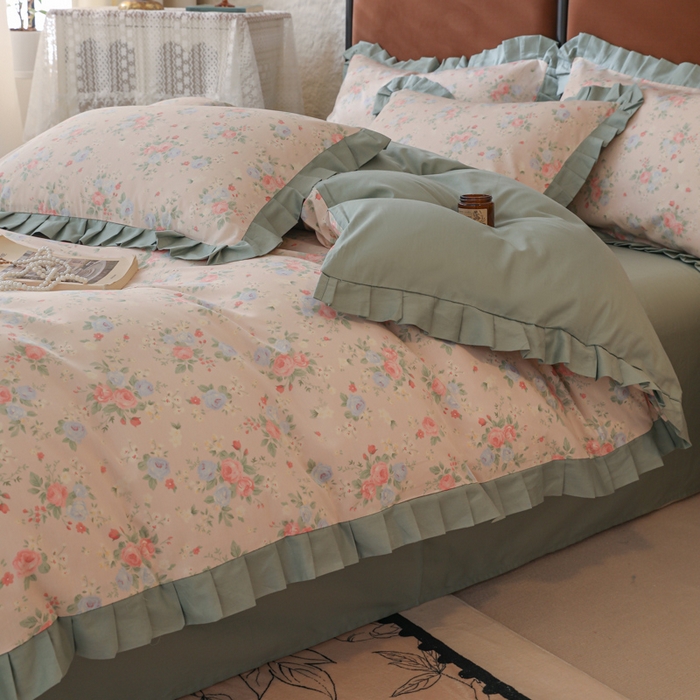 91家纺网 家纺一手货源 找家纺 简宜2025新款荷叶双层纯棉边四件套 春日花语-荷叶边