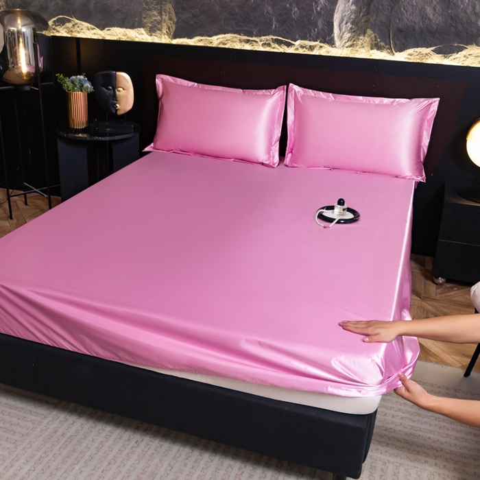 91家纺网 家纺一手货源 找家纺 圣比熊2025新款防水冰丝纯色床笠凉爽柔顺床垫保护罩 防水款-粉色