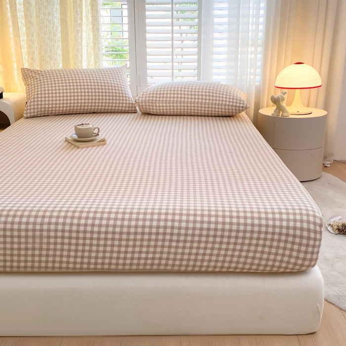 91家纺网 家纺一手货源 找家纺 鑫钰 2025新款全棉有氧双层纱床笠 格子咖