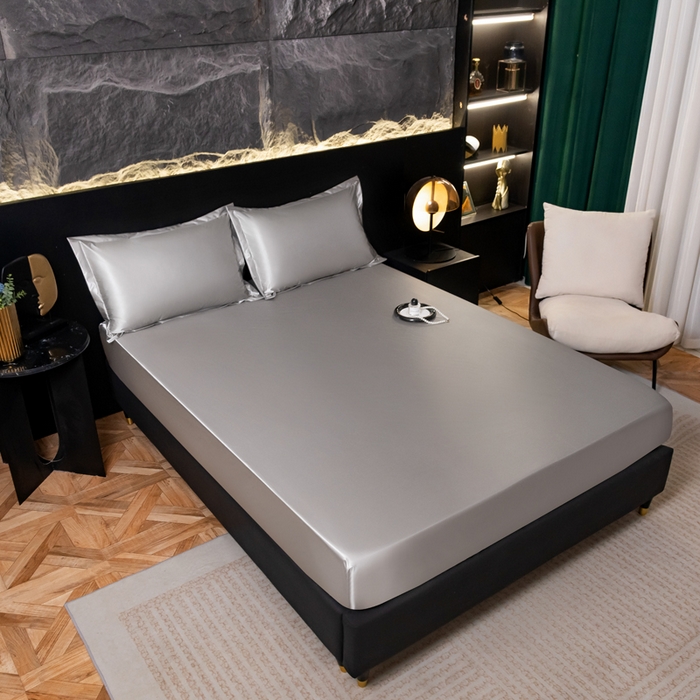 91家纺网 家纺一手货源 找家纺 梦舒羽2025新款防水冰丝纯色床笠凉爽柔顺床垫保护罩 防水冰丝床笠-典雅灰