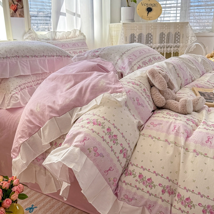 91家纺网 家纺一手货源 找家纺 2025沐辰家居-新款全棉13070全棉花边款套件 花边款-清雅粉