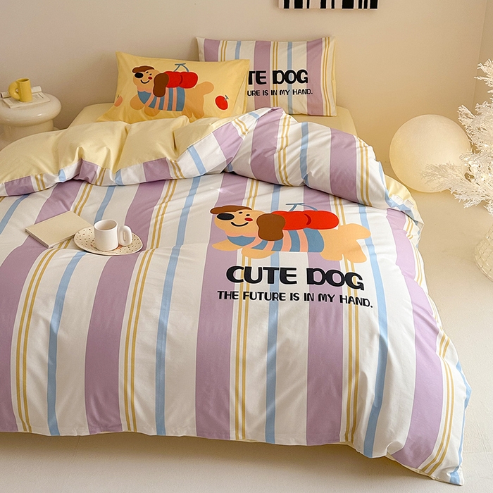 91家纺网 家纺一手货源 找家纺 典曼家纺 2025新款 AB版活性印花四件套 可爱小狗（紫）