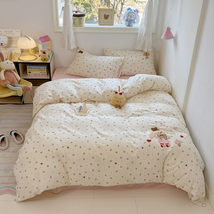 澳萝拉2025春夏新款全棉纯棉双层纱毛巾绣四件套 樱桃兔