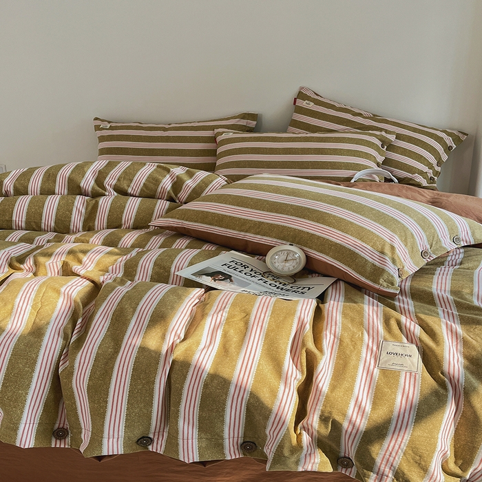 91家纺网 家纺一手货源 找家纺 睡美美 2025新款加厚色织水洗棉印染条纹四件套 栗子茶棕