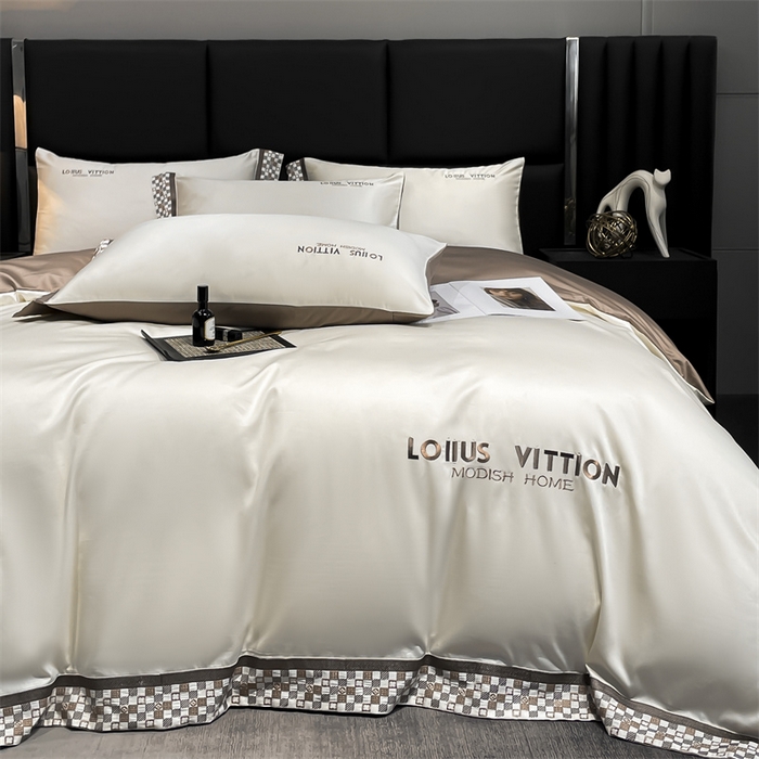 91家纺网 家纺一手货源 找家纺 瑞驰家纺 2025新款长绒棉绣花棋盘格系列四件套 棋盘格-米黄咖