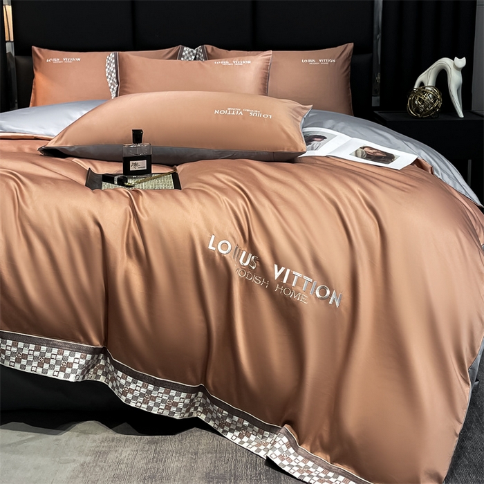 91家纺网 家纺一手货源 找家纺 瑞驰家纺 2025新款长绒棉绣花棋盘格系列四件套 棋盘格-摩卡橙