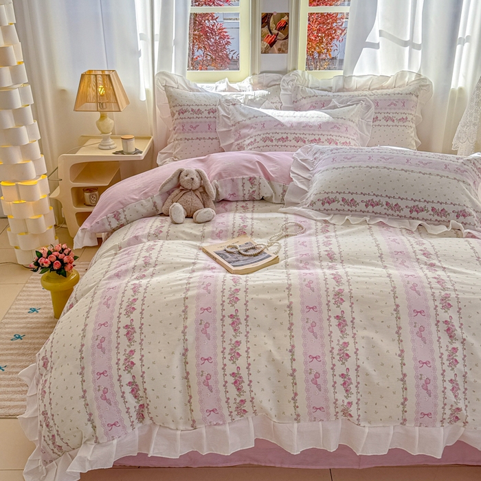 91家纺网 家纺一手货源 找家纺 2025沐辰家居-新款全棉13070全棉花边款套件 花边款-清雅粉