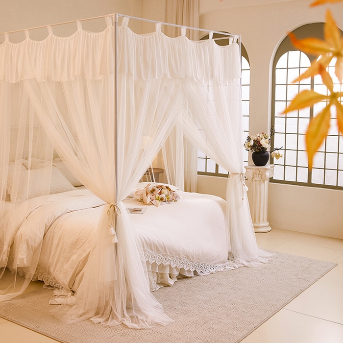 91家纺网 家纺一手货源 找家纺 都市缘蚊帐 2025新款A200双层纱落地宫廷蚊帐烤漆支架 梦幻白