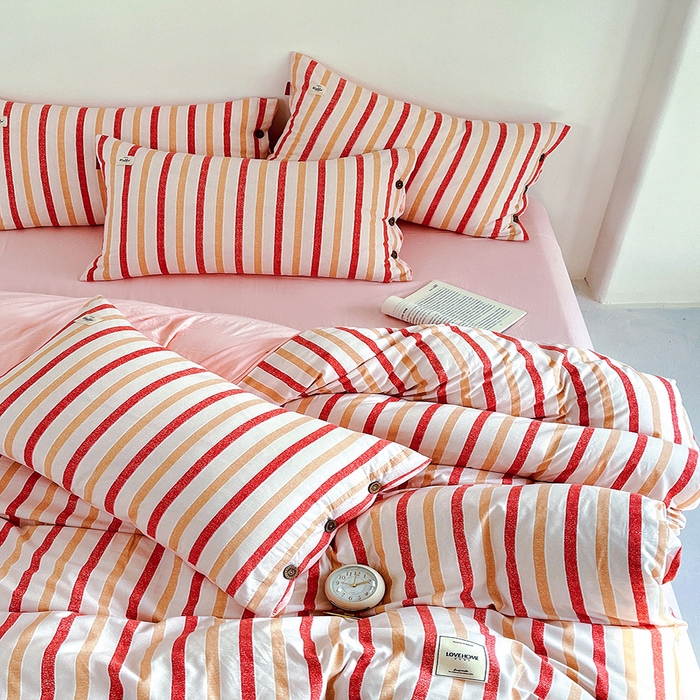 91家纺网 家纺一手货源 找家纺 睡美美 2025新款加厚色织水洗棉印染条纹四件套 香草嫩粉