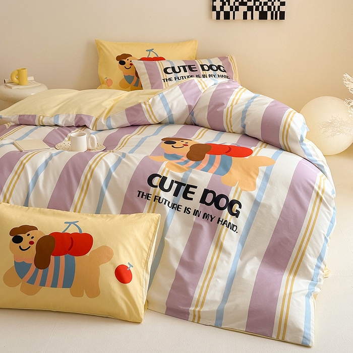 91家纺网 家纺一手货源 找家纺 典曼家纺 2025新款 AB版活性印花四件套 可爱小狗（紫）